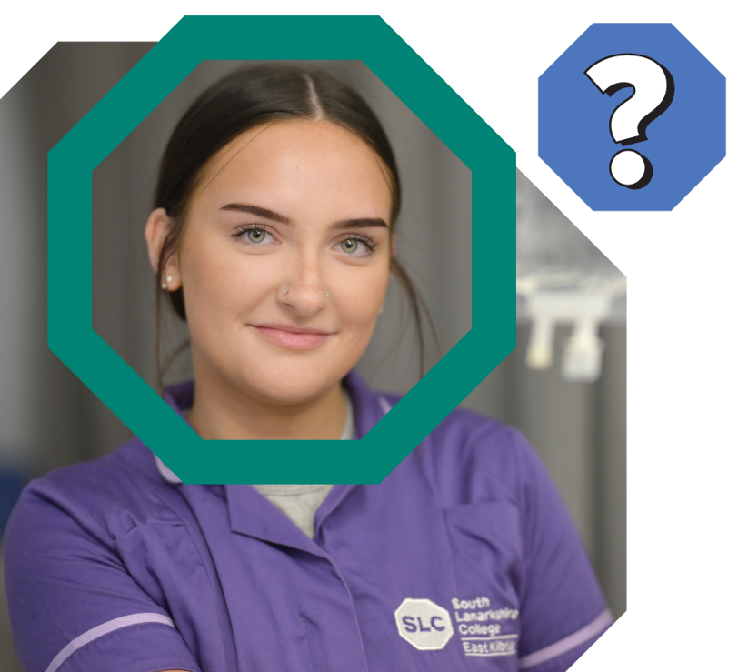 Nursing student with South Lanarkshire College uniform on next to a question mark symbol