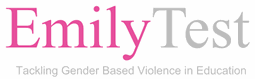 Emily Test logo, pink and grey with sub text saying Tackling Gender Based Violence in Education